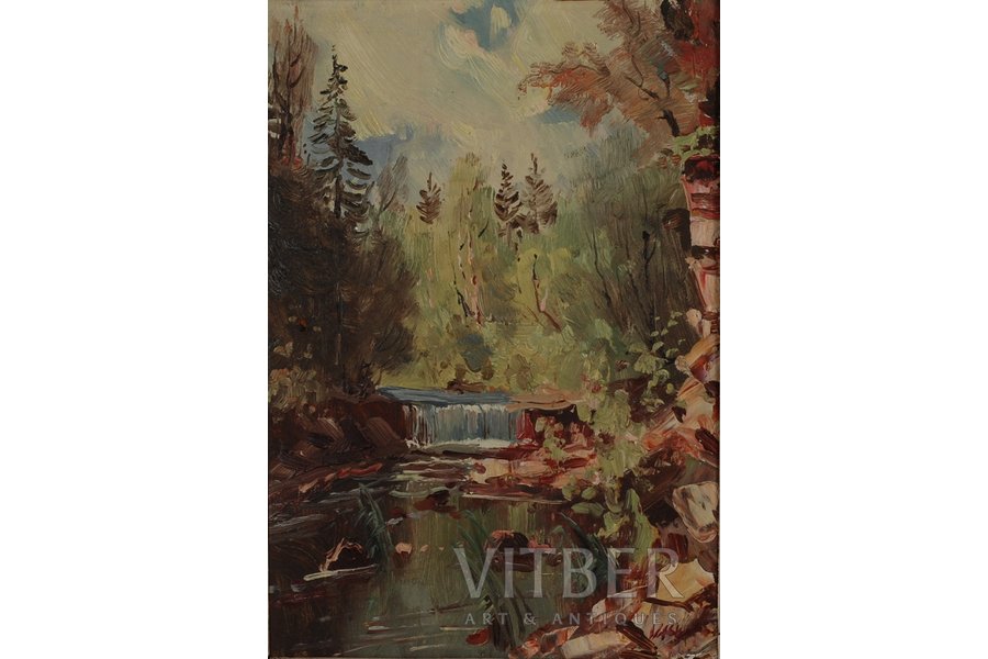 Kalvāns Vitālijs (1909-1965), "Pērses ūdenskritums", kartons, eļļa, 34 x 23.5 cm