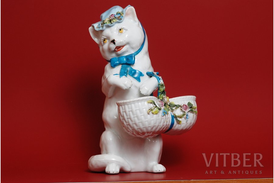 figurine, Tabby cat with basket, porcelain, Germany, the beginning of the 20th cent., little cracks