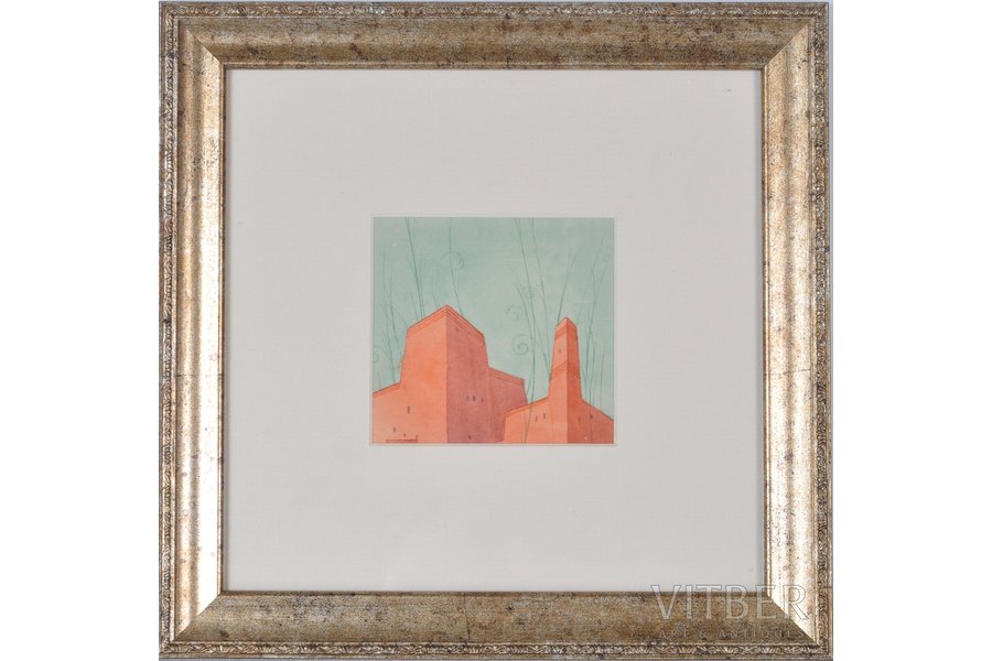 Mangolds Herberts (1901-1978), Two towers, paper, water colour, 8.5 х 9 cm