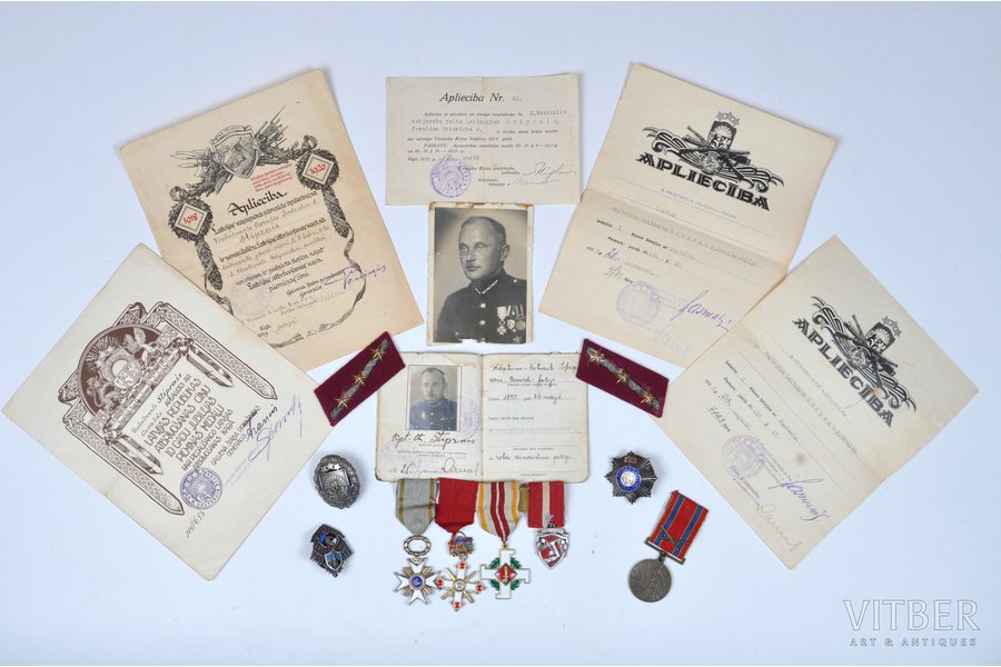 Set of military awards with certificates of the leutenant of the 2nd Ventspils infantry regiment Osvalds Stiprais, silver, Latvia, 20-30ties of 20th cent.