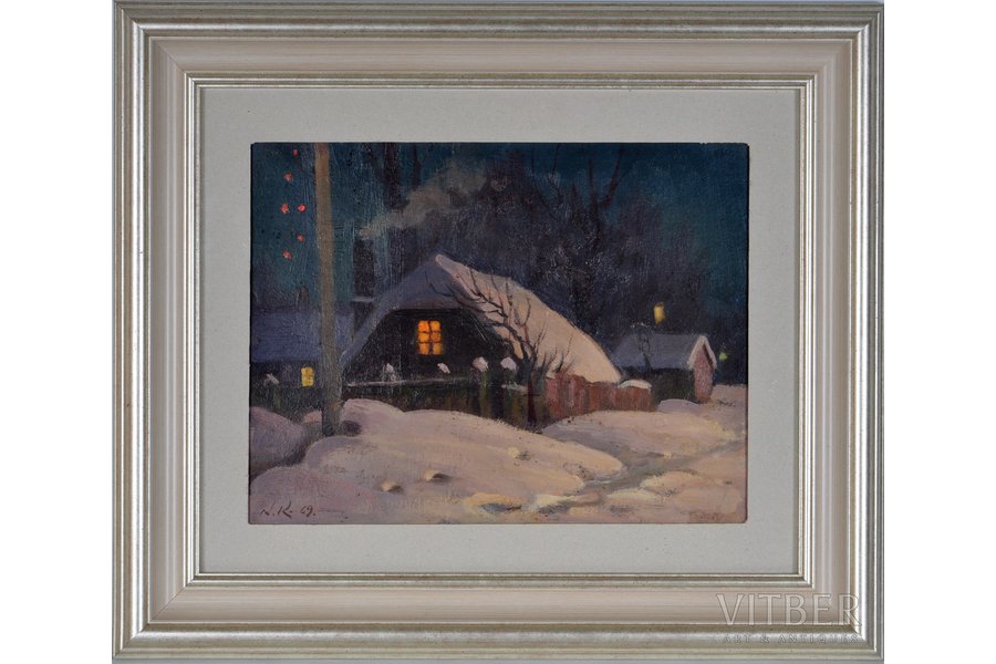 Кулаинис Николайс (1901 – 1975), Зимний пейзаж на улице Амалияс в Риге, 1969 г., картон, масло, 25.5 x 36 см