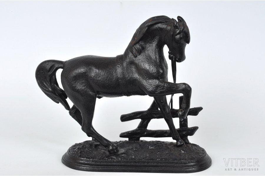 figurative composition, Horse near the fence, cast iron, 15.5 cm, weight 1260 g., USSR, Kusa, 1960