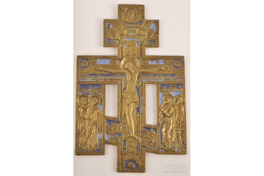 Распятие Христово, медный сплав, литьё, 3-цветная эмаль, Российская империя, 19-й век, 23 х 15 см