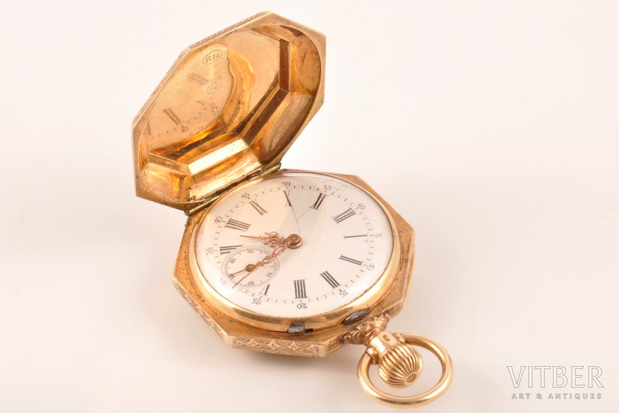pocket watch, "Perret & Fils", working condition, Switzerland, gold, 56 standart, weight of gold ~12.8 g, diameter 3.5 cm