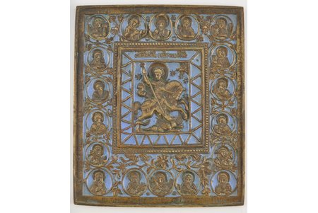 St. George with images of saints in medallions on the sidelines, copper alloy, casting, 1-color enamel, Russia, the 19th cent., 14 x 11.9 cm