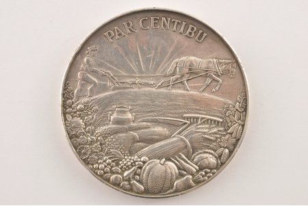 table medal, For diligence, ministry of agriculture, silver, Latvia, 20-30ies of 20th cent., 60x5 mm, 126.4 g