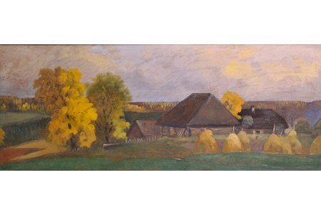 Крастиньш Юлийс (1882-1950), Сельский пейзаж, ~1930-1939 г., картон, масло, 30x74 см
