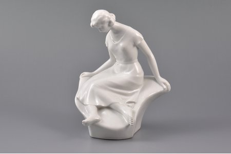 figurine, A Sitting Girl, porcelain, Riga (Latvia), USSR, sculpture's work, molder - Anatoly Travnikov, 1960, h 15 cm, restoration of the leg (right), exemplar Nº8