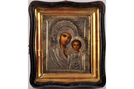 icon, Our Lady of Kazan, in icon case, board, silver, painting, 84 standard, Russia, the end of the 19th century, 17.7 x 14.2 x 2.4 (25 x 21.5 x 5.9) cm