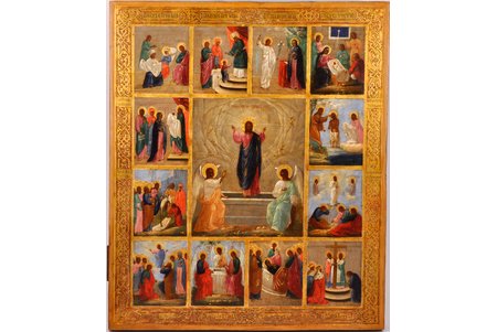 ikona, Divpadsmit Lielie svētki, dēlis, gleznojums, vizuļzelts, Krievijas impērija, 19. gs., 44.3 x 37.3 x 27 cm