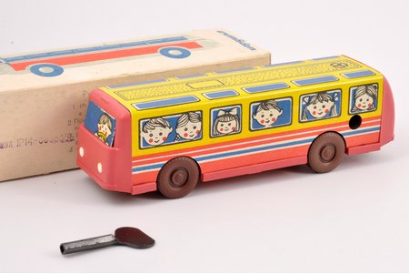 car model, mechanical toy, a bus, 16.9 x 4.7 x 4.1 cm, plastic, USSR