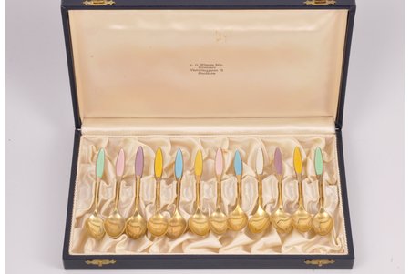 set of mocca spoons, silver, 12 pcs, 114.10 g, enamel, gilding, 9.4 cm, the 20th cent., Denmark, in a case