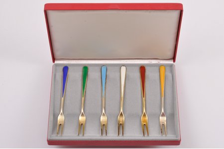 set of lemon forks, silver, 6 pcs, 925 standard, 45.40 g, enamel, gilding, 11 cm, Great Britain, enamel chip on one fork, in a case