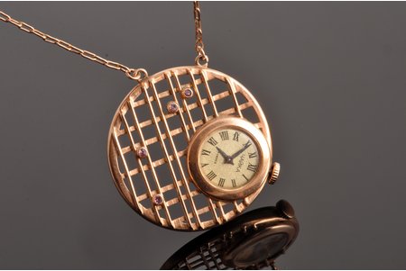 pendant watch, "Chaika", USSR, the 70-ties of the 20th cent., gold, 583 standart, (total) 15.60 g., Ø 3.4 cm, (chain) 69 cm, 13 mm, working well