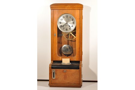 time clock, "Benzing", used to record the times when an employee starts and stops working, Germany, the 20-30ties of 20th cent., wood, 107 x 41 x 30 cm, Ø 250 mm, working well, 35.4 kg, pick up this item only at our office!