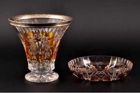 комплект, серебро, ваза и тарелка, 2-цветный хрусталь, 835 проба, (ваза) h 14.1 см, (тарелка) Ø 15 см, начало 20-го века, Германия