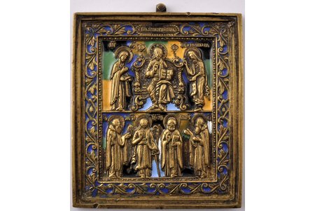 ikona, Jēzus Kristus un svētie, vara sakausējuma, 6-krāsu emalja, Krievijas impērija, 19. gs., 7.5 x 9.5 cm