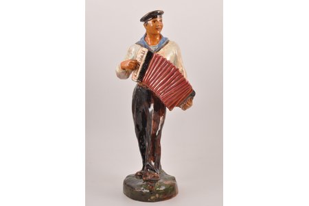 figurine, Sailor, ceramics, Riga (Latvia), USSR, sculpture's work, by Prokopy Dobrynin, the 50ies of 20th cent., h 37 cm, technological hole on the bottom of accordion as a result of firing (the edges of the hole are covered with glaze and fired)