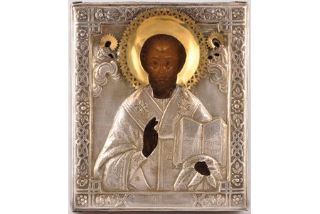 icon, Saint Nicholas the Miracle-Worker, board, painting, silvering, brass, Russia, the 19th cent., 18 x 15.4 x 3.2 cm