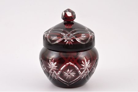sugar-bowl, "Bohemia", ruby glass, hand-cut, Czechoslovakia, the 1st half of the 20th cent., h (с крышкой) 14 cm