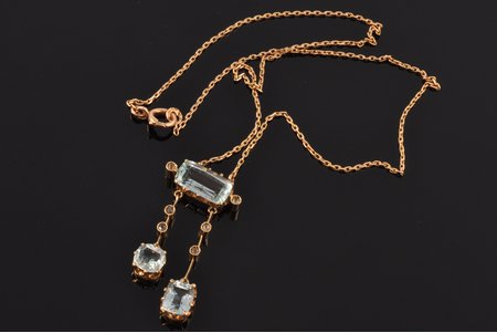 a necklace, gold, 56 standart, 7.45 g., the item's dimensions (chain length) 37 cm, aquamarine, the beginning of the 20th cent., St. Petersburg, Russia, jewellery and gem identification report by Assay Office of Latvia