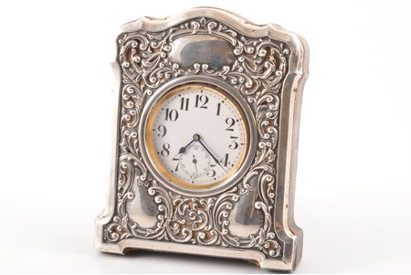 настольные часы, "Doxa", в серебряном окладе (Великобритания), Швейцария, начало 20-го века, 14.5 x 11.8 / 8.3 x 6.5 см, Ø 59 мм, в рабочем состоянии