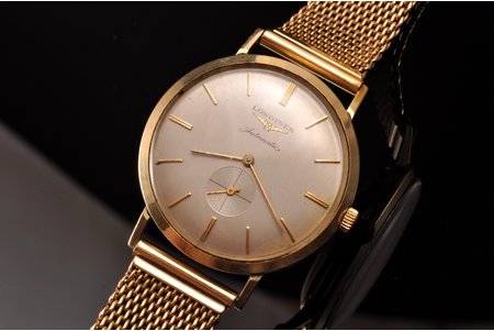 wristwatch, "Longines" Automatic, Switzerland, gold, 14 K standart, (total) 61.90 g, (dial) 3.9 x 3.5 cm / 29 mm, (bracelet) 21 cm