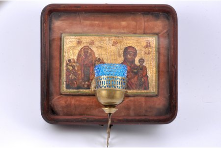 two-part icon, Mother of God Joy of All Who Sorrow, Our Lady of Smolensk, in icon case with icon lamp, board, painting, guilding, Russia, the 19th cent., 11 x 17.8 x 1.8 / 22 x 25.2 x 6 cm