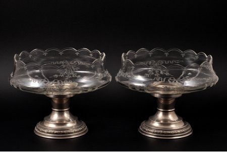 pair of candy-bowls, silver, crystal, 950 standart, the border of the 19th and the 20th centuries, (total) 1200 g, France, h 15 cm