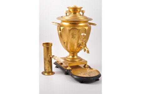 samovar, by N. N. Malikov, brass, bone, Russia, 1879, h 34 cm, weight 3900 g, not original handles and one leg