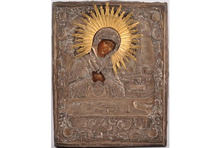 ikona, Ohtiras Dievmāte, ar uzliku, dēlis, gleznojums, Krievijas impērija, Ņižņij Novgoroda, 18.gs. vidus, 31.5 x 24.7 x 2.5 cm, (uzlikas svars) 410.15 g.