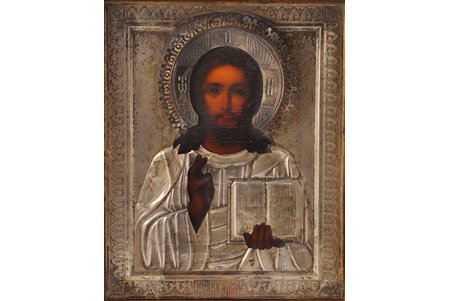 ikona, Jēzus Kristus Pantokrators, sudraba uzlikā, dēlis, sudrabs, gleznojums, 84 prove, Krievijas impērija, 19. un 20. gadsimtu robeža, (ikona) 22 x 17.6 x 1.7 cm