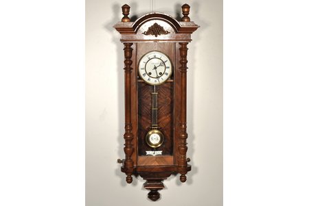 wall clock, "Павелъ Буре (Pavel Buhre)", Russia, wood, 86 x 35 x 18 cm, Ø 132 mm, teseted, working order