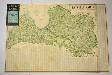 карта Латвии, с расстояниями в км на шоссе и списком полных названий мест, издание A/S "Ernst Plates", Рига, 20-30е годы 20го века, 102.5 x 69.6 см