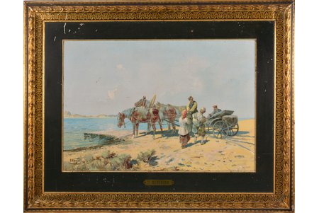 Karazin Nikolay Nikolaevich (1842-1908), At the ferry, 1899, 38 x 26 cm, "Factory of metal products Jaco and Co Mocsow", reproduction on metal