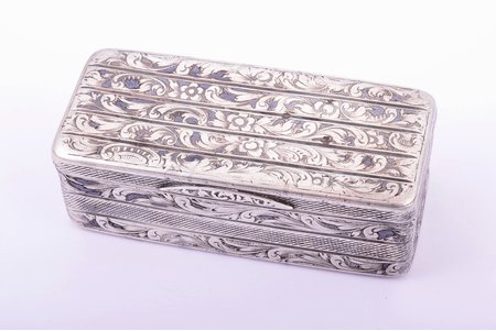 snuff-box, silver, 84 standard, 100.85 g, niello enamel, gilding, 8.5 x 3.9 x 3 cm, 1851, Moscow, Russia