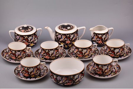 service, for six persons, "1001 Nights", porcelain, Dmitrov Porcelain Factory (Verbilki), hand-painted, USSR, 1945-1957, without defects, ideal condition (service was kept in the cupboard), technological specifics of black color painting
