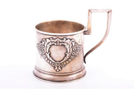 tea glass-holder, alpaca, Latvia(?), the 30ties of 20th cent., Ø (inside) 6.3 cm, h (with handle) 9.1 сm