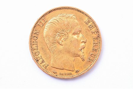 20 франков, 1859 г., A, золото, Франция, 6.44 г, Ø 21.5 мм, XF, 900 проба