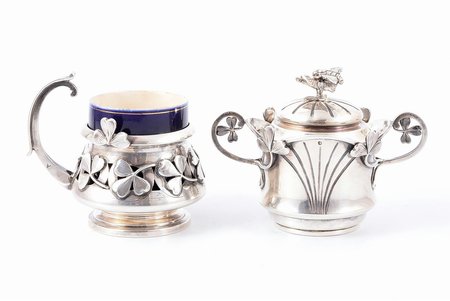 set, teapot and glassholder with porcelain cup, art nouveau, 950 standard, weight of silver 370.25, teapot h - 9.1 cm / glassholder - Ø (inner) - 5.5 cm, h (with handle) - 8.6 cm / cup  h - 5.9 cm, the beginning of the 20th cent., France