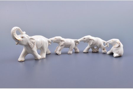 figurine, Elephants, porcelain, Riga (Latvia), USSR, Riga porcelain factory, the 70-80ies of 20th cent., h 9.1 / 4.5 / 4.4 / 4 cm, top grade