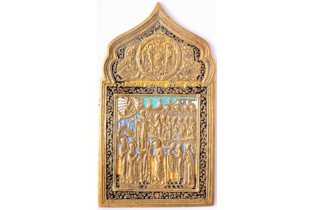 ikona, Vissvētās Dievmātes Patvērums, vara sakausējuma, 5-krāsu emalja, Krievijas impērija, 19. un 20. gadsimtu robeža, 17.5 x 9.9 x 0.5 cm, 435.35 g.