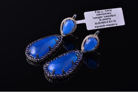 earrings, gold, 585 standard, 11.58 g., the item's dimensions 4.5 x 1.7 cm, diamonds, sapphire, chalcedony, Russian Federation