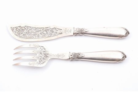 flatware set, silver, 2 items, 950 standard, 312.60 g, engraving, 25.7, 28.6 cm, France, dent on a handle