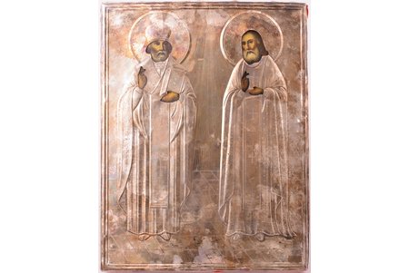 icon, Saint Nicholas the Miracle-Worker and Saint Seraphim of Sarov, board, silver, painting, 84 standard, Russia, 1881, 29.5 x 22.5 x 1.9 cm, oklad weight 111.70 g