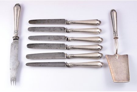 "Fabergé" flatware set of 8 items, silver, 84 standart, steel, 1899-1917, cake server weight 130,15 g., comined metal items weight 474,15 g., Moscow, Russia, 26.4, 23.7, 21.4 cm