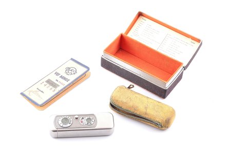 photo camera, Vef Minox № 14568, Latvia, the 30ties of 20th cent., 8.1 x 2.8 x 1.6 cm, weight 140.10 g, with document, case and box