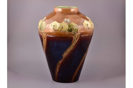 vase, Art-Nouveau, majolica, Zelm & Boehm, Riga (Latvia), Russia, the beginning of the 20th cent., h 39.7 cm, minor chips at the base and on the decor