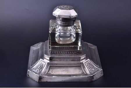 ink-pot, silver, 875 standard, weight of base 480, glass, base 21.8 x 21.8 cm, height 18 cm, the 20ties of 20th cent., Germany