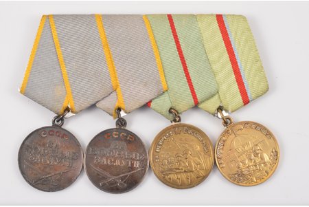 set, including medal For Military Merit Nº 382297, medal "For Military Merit", medal "For defence of Stalingrad", medal "For defence of Kiev", USSR, 40ies of 20 cent., 37.7 x 32.2, 37.2 x 32.1, 37.1 x 32.1, 37.2 x 32.1 mm